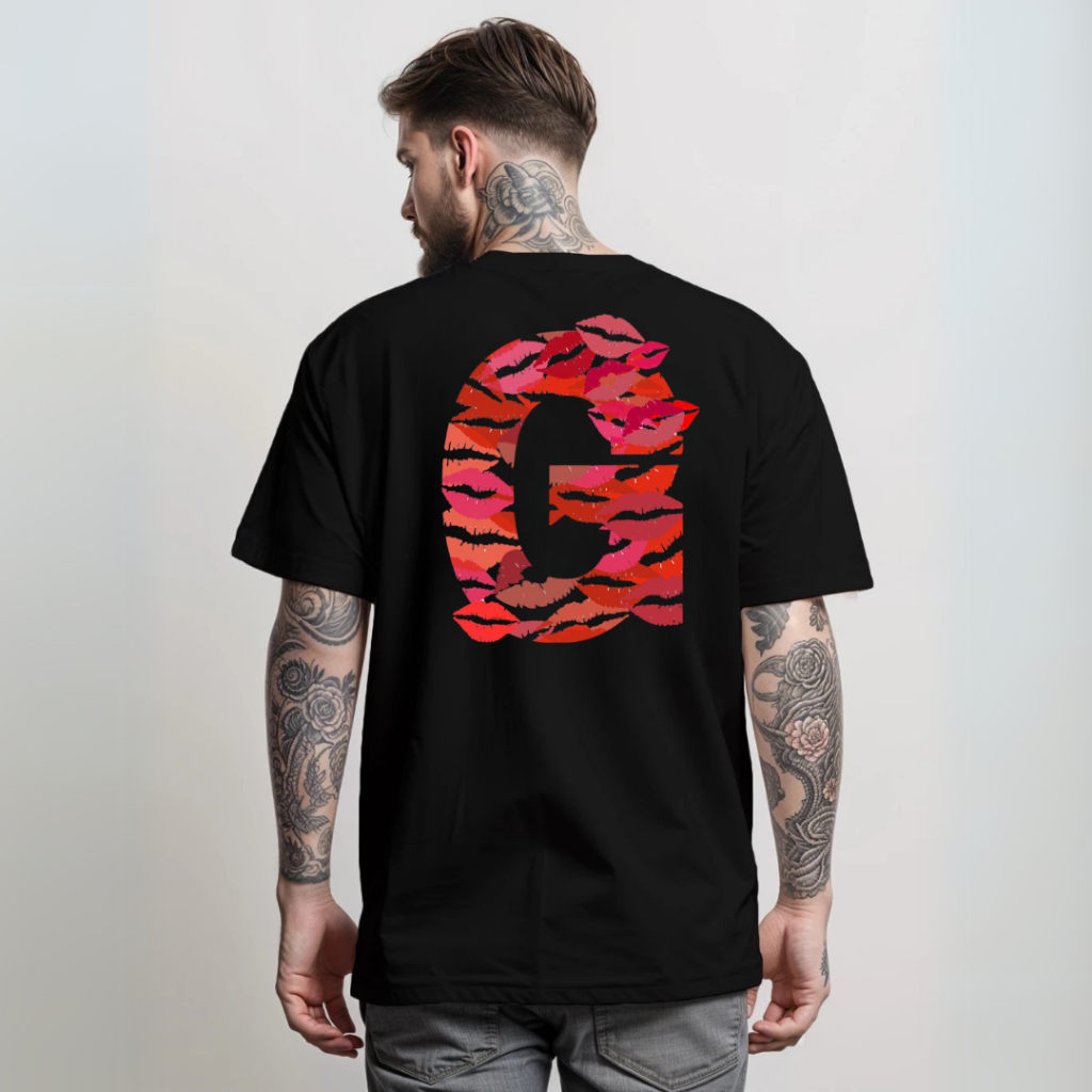 Oversized Inicial do Seu Amor Namorada Namorado Beijo Batom Para Casais 100% Algodão Preta