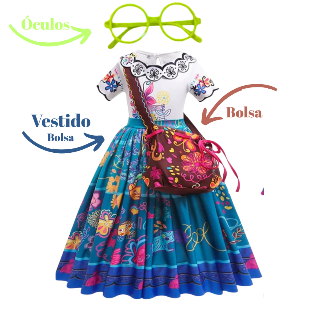 Fantasia Completa Vestido+Bolsa+Óculos Infantil Menina Mirabel Filme Encanto Saia Estampada rodada azul em Oferta na Shopee