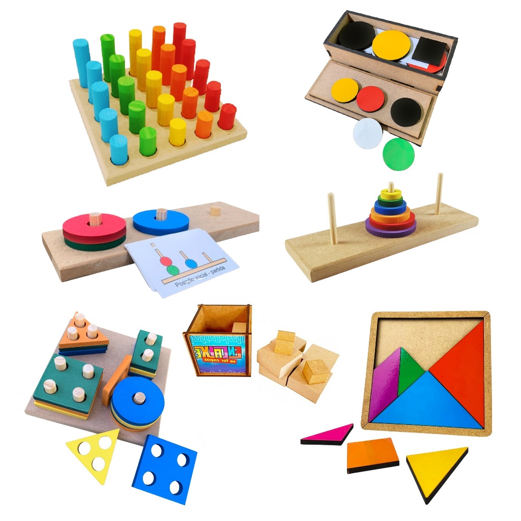 Kit 7x Brinquedo Educativo Pedagogico Autista Autismo Infanti Madeira Lúdico Waldorf Montessori