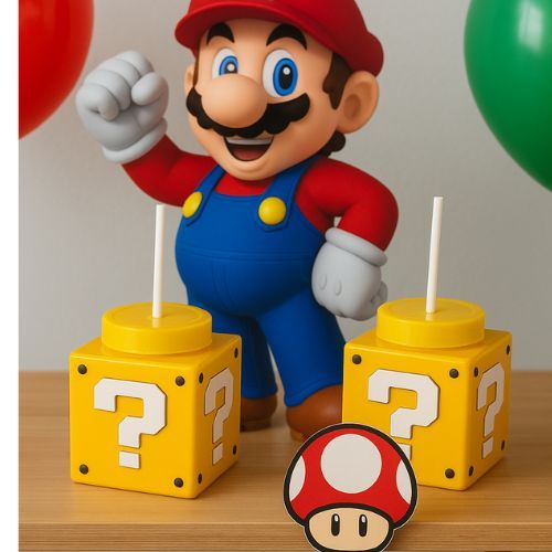 Kit 2 Copos Super Mario Bros com Canudo Quadrado Caneca Festa Infantil Lembrancinha Decoração