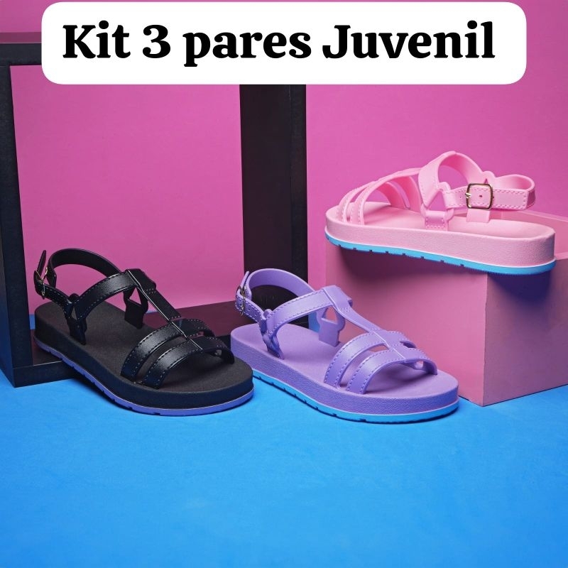 Kit 3 Pares Sandalia Infantil Juvenil Feminina Leve Macia Confortável Mais Vendida