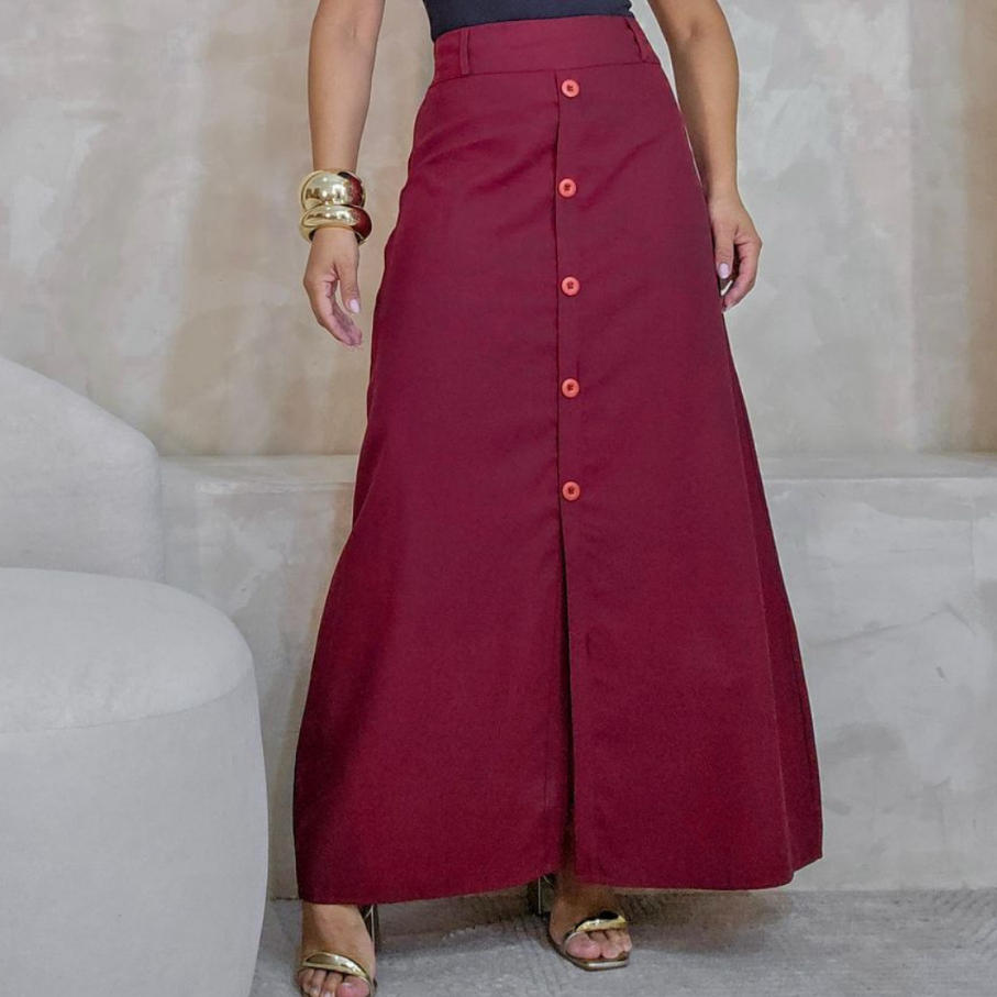 Saia Longa Feminina com Botões Frontais Cintura Alta Moda Casual Chic em Oferta na Shopee