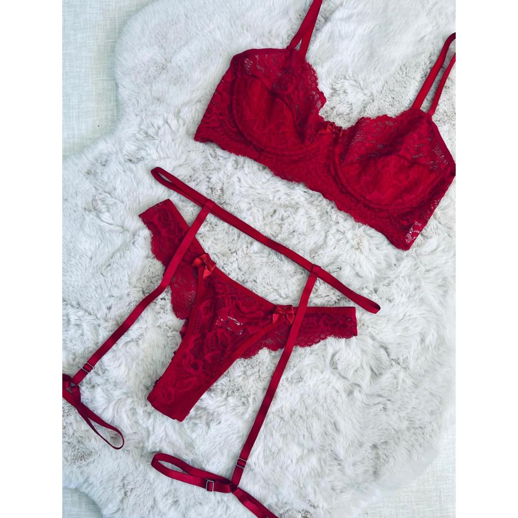 Conjunto Lingerie Sensual de Renda Com Aro Mais Cinta Liga Sedução em Oferta na Shopee