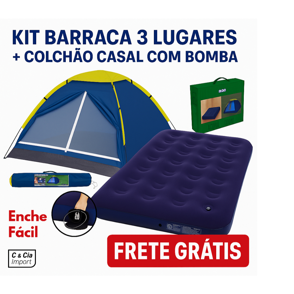Kit Barraca Camping 3 Pessoas + Colchão Inflável de Casal Bomba Embutida Camping Praia Mor
