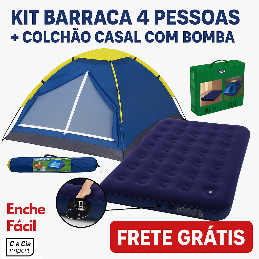 Kit Barraca Iglu 4 Lugares + Colchão Casal C/ Bomba De Pé Camping Acampamento Bomba de Ar