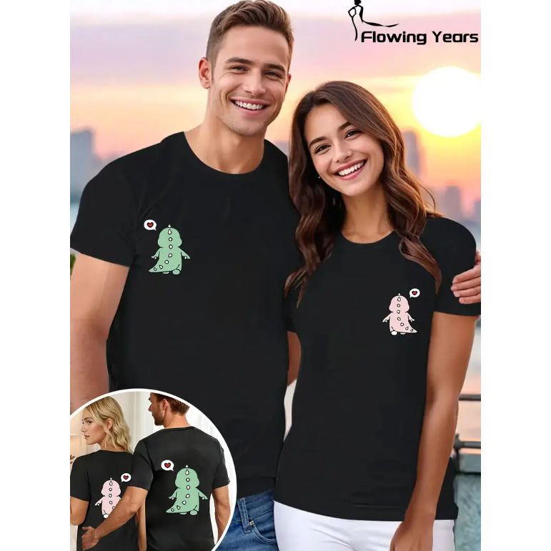Kit Casal de Camisetas estampadas com dinossauros para casal - Decote redondo casual, manga curta -Envio Imediato