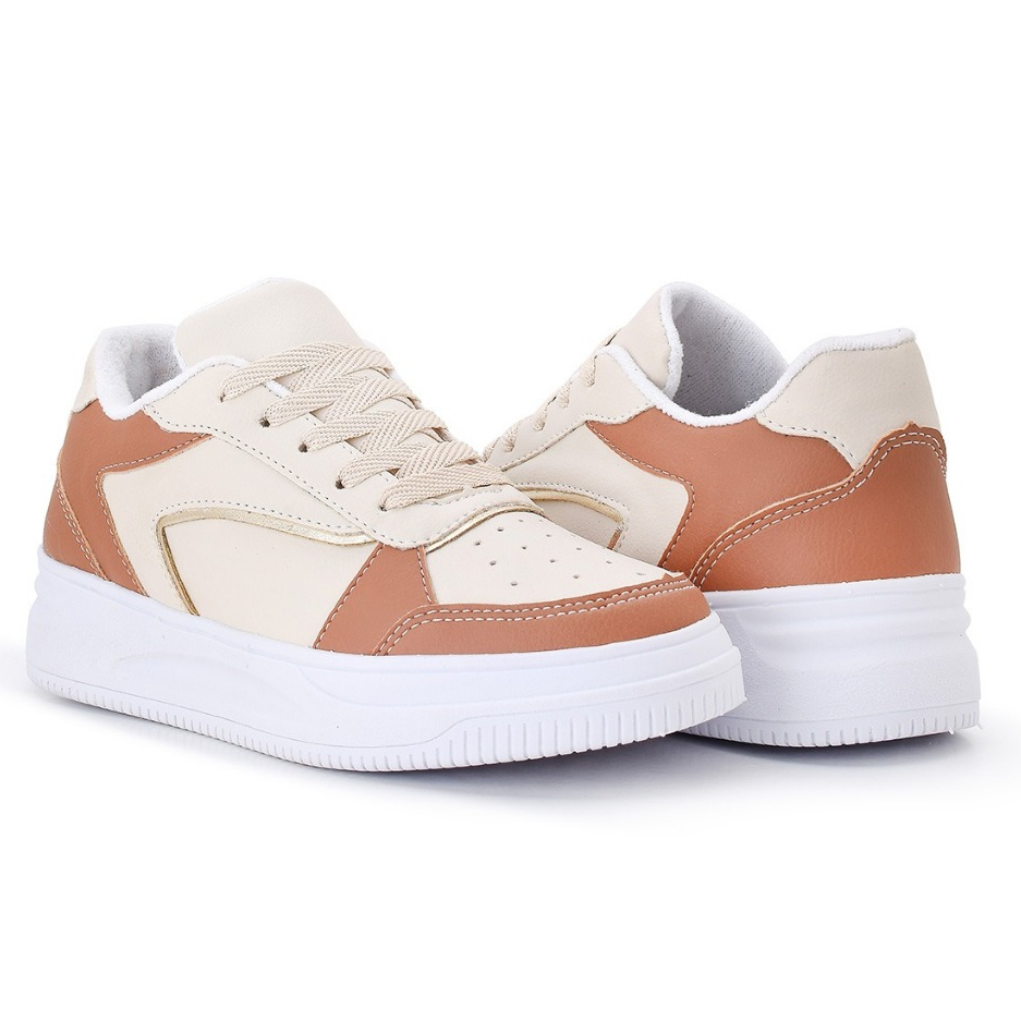 Tênis Feminino Caramelo Confortável Branco Casual Solado Macio e Leve