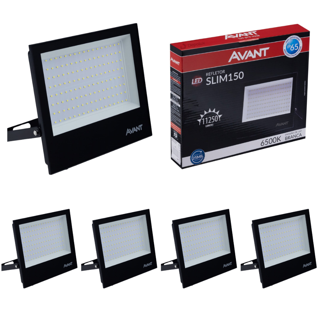 Kit 6 Refletor Led 150w Preto Alumínio Holofote Externo Luz Fria 6500K Prova D'água Ip65