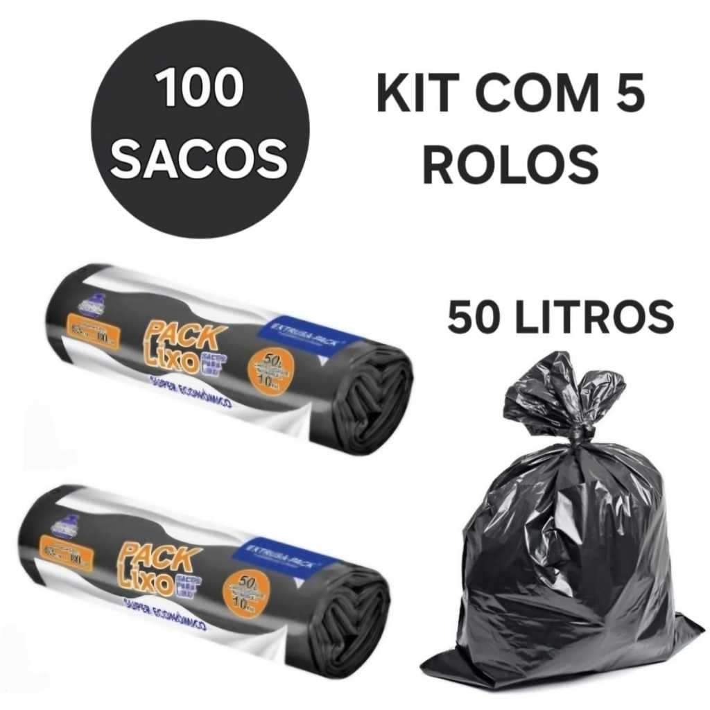 Kit 5 Rolos Sacos De Lixo 50 Litros Com 100 Unidades Economico Resistente Banheiro Cozinha Alta Qualidade em Oferta na Shopee