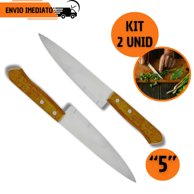 Kit 2 Facas de Cozinha de 5" em Inox Cabo Madeira Carne Cozinha Açougueiro