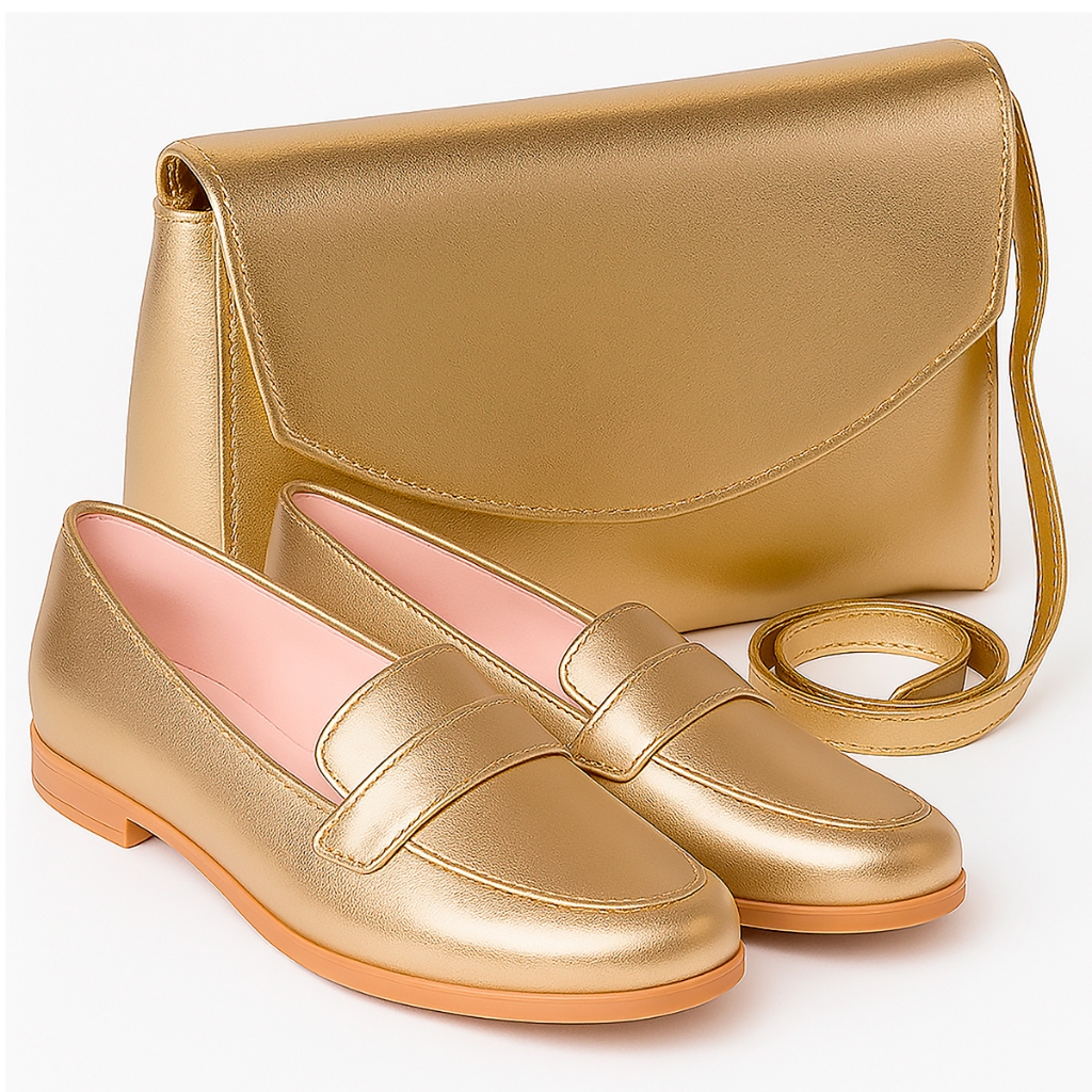 Conjunto Mocassim Sapatilha Feminina Metalizada Juvenil e Bolsa Lateral de Ombro