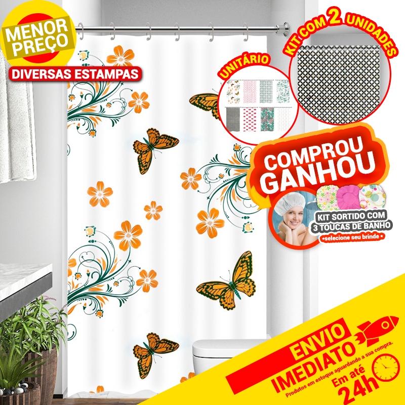 Cortina Para Box Vinil Sortido Com Ganchos Antimofo 1,38 x 1,98cm Diversas Estampas