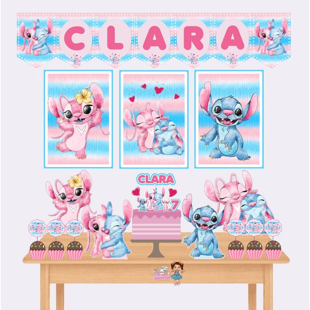 Kit Festa só um Bolinho Personalizado Stitch e Angel - Lembrancinha Mesversário Aniversário Decoração de Festa