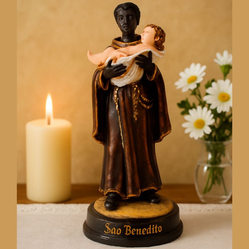 Escultura de Santo São Benedito Santo Negro Imagem Estatua em Resina Pintura Feita a Mão 15 Cm Top .