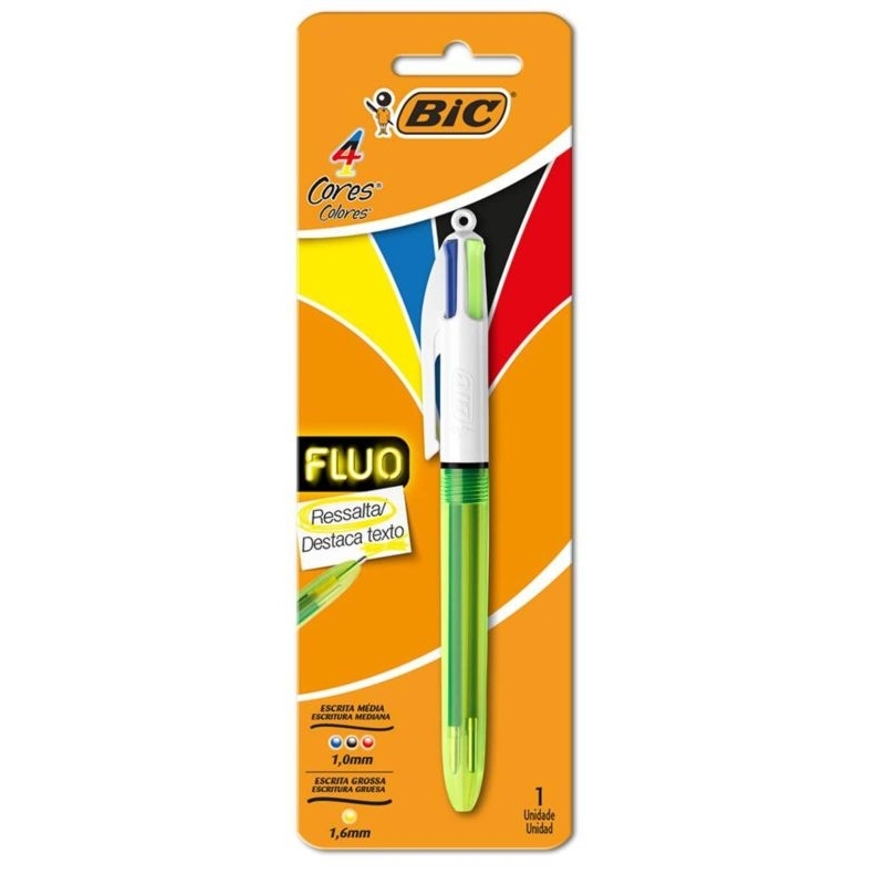Caneta Esferografica BIC Escrita Média Retrátil, 4 Cores Fluo, Com Escrita Grossa para Destaque, 1 Unidade