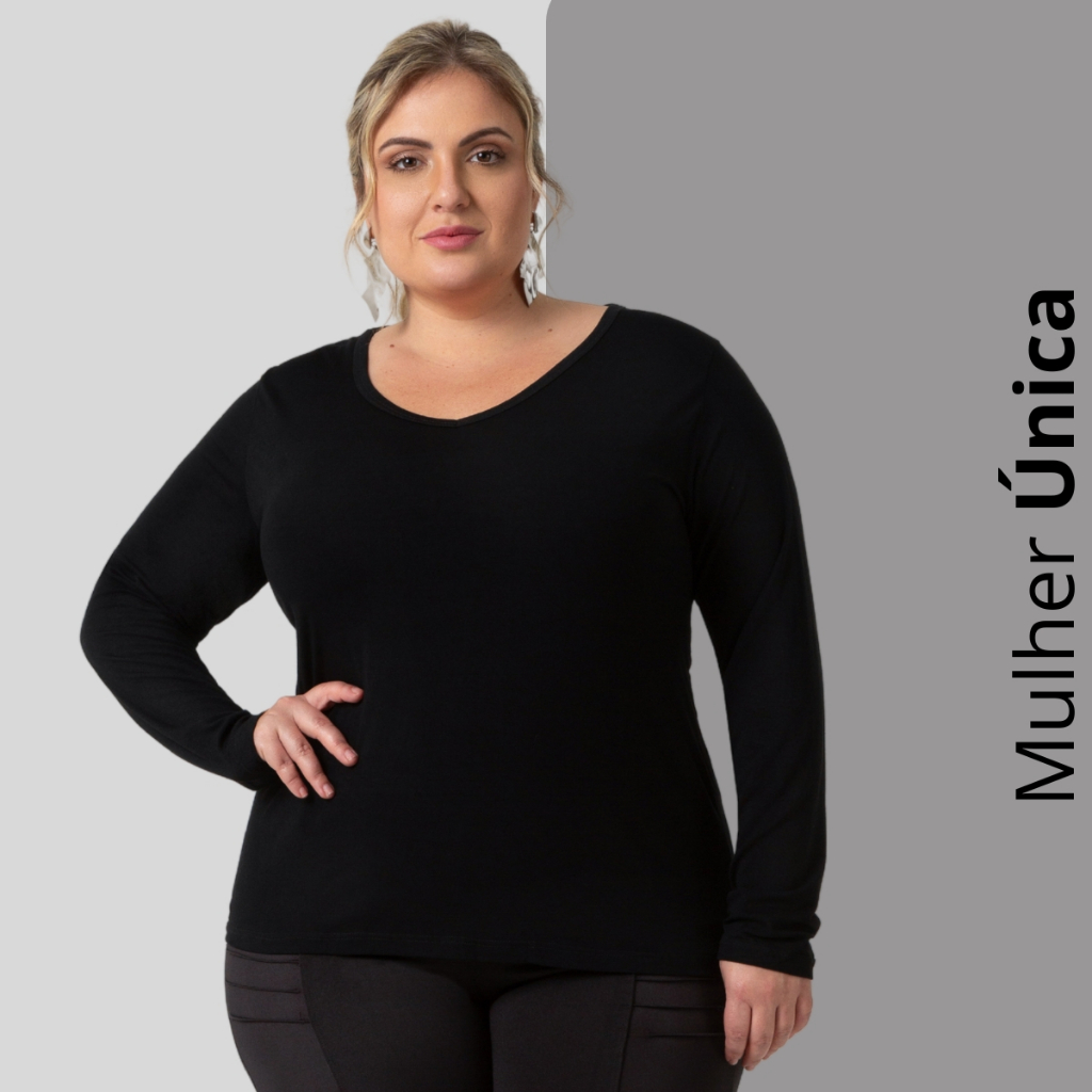 Blusa Feminina Plus Size Decote V Viscolycra G GG G1 G2 G3 G4  Manga Longa Inverno 1129