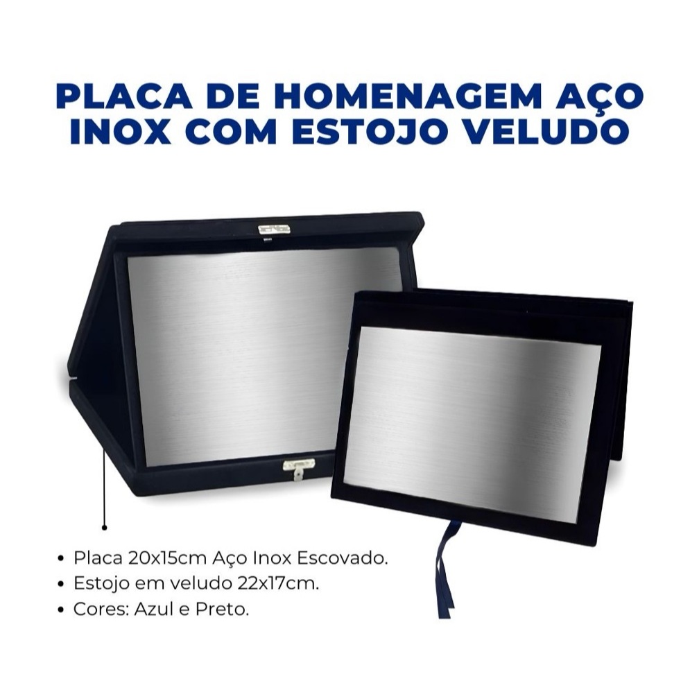 Estojo e placa inox homenagem 20x14cm com estojo em veludo (sem gravação) em Oferta na Shopee