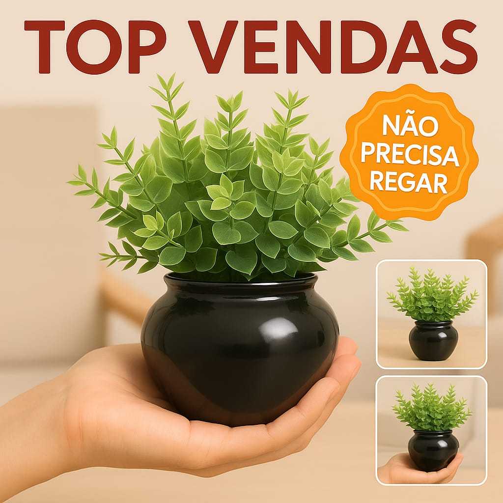Vasinho de cerâmica preto com plantinha artificial decoração em Oferta na Shopee