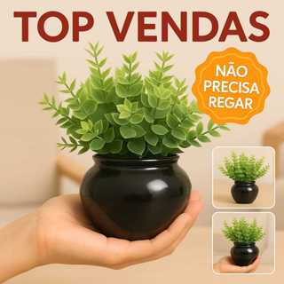 Vasinho de cerâmica preto com plantinha artificial decoração em Oferta na Shopee