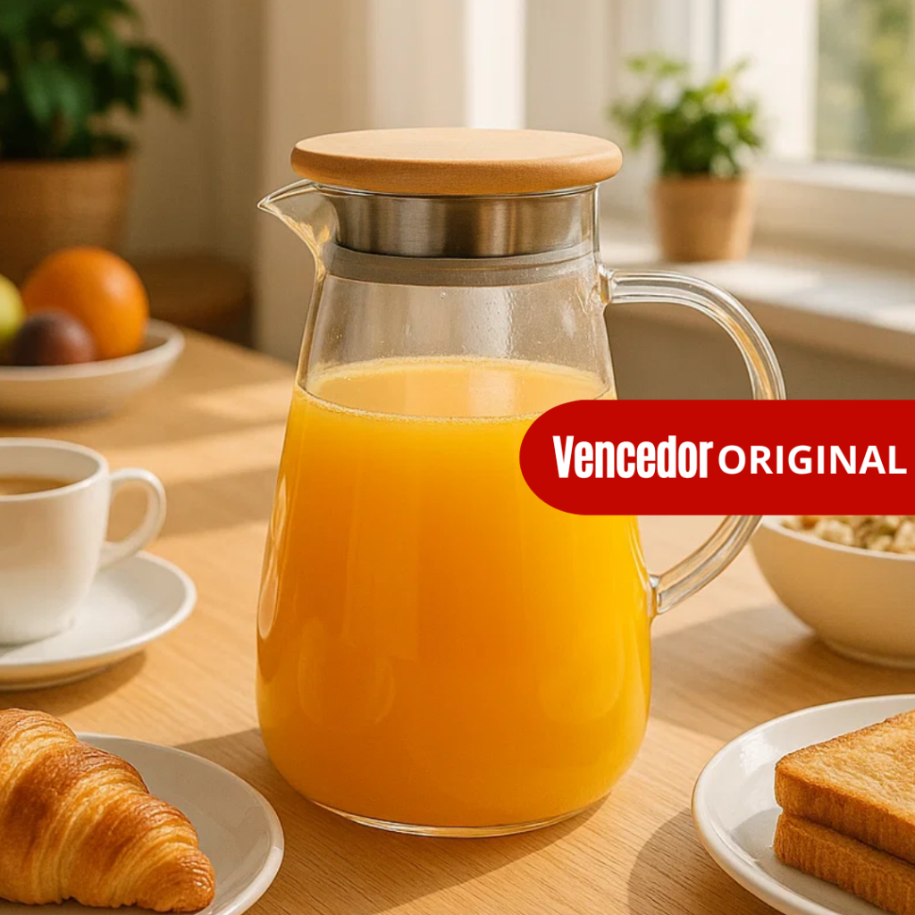 Jarra de Vidro C/ Tampa Inox e Bambu 1,5L - Vencedor Original