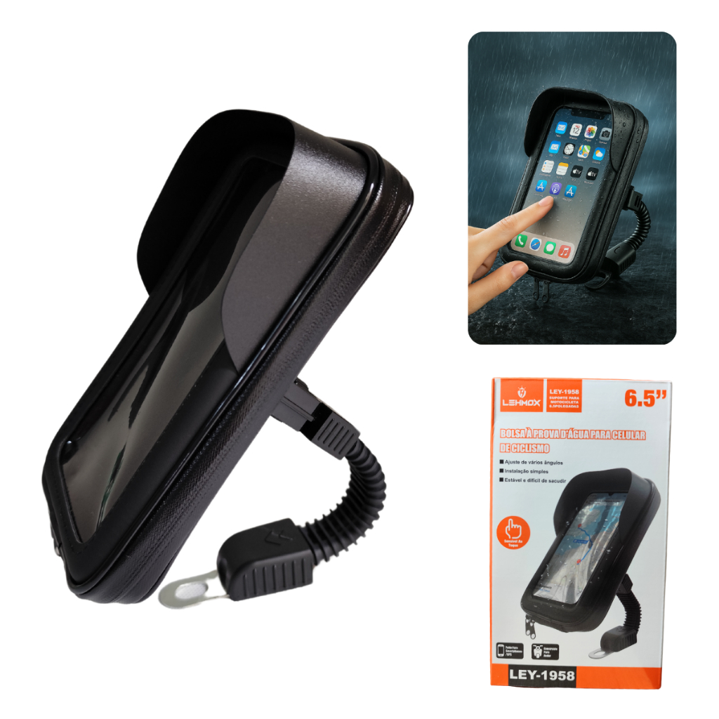Suporte celular GPS impermeável moto bicicleta bike retrovisor capinha prova d'agua 6,5 ou 7 polegadas