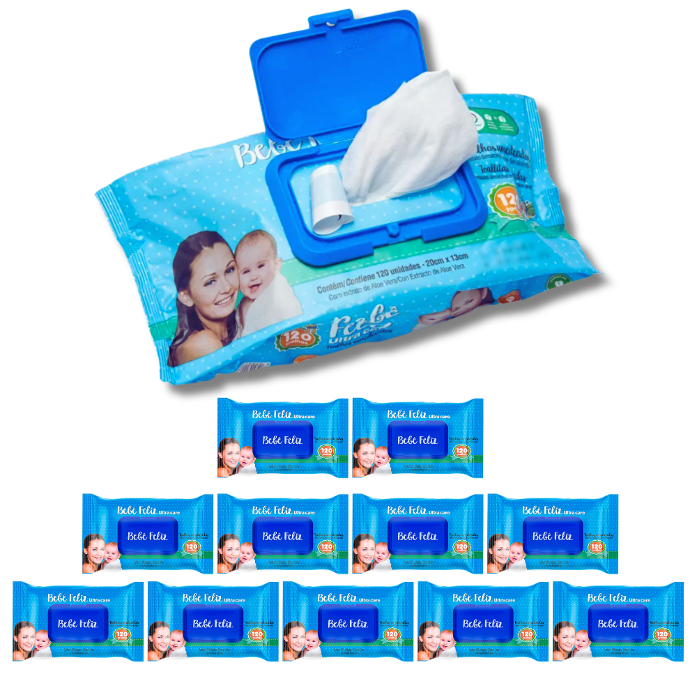 KIT 12 Toalhas Umedecidas Bebê Feliz 120 folhas Lenço Umedecido Lencinho