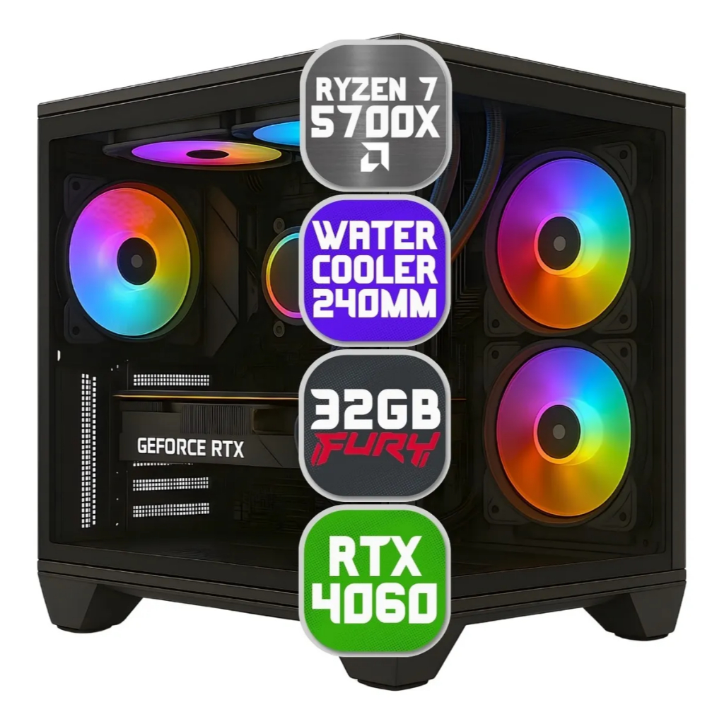 Pc Computador Gamer Amd Ryzen 7 5700X, RTX 4060 8GB, Ssd Nvme 1TB, 32gb DDR4 Fury, Water Cooler, 750W - Gabinete Aquário