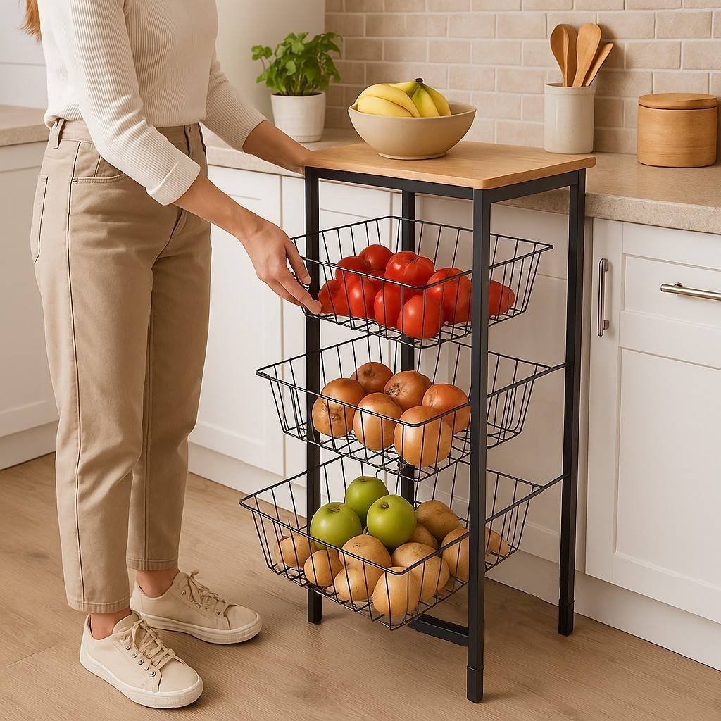 Fruteira De Chão Para Cozinha Em Aço Resistente Preto Amadeirado em Oferta na Shopee