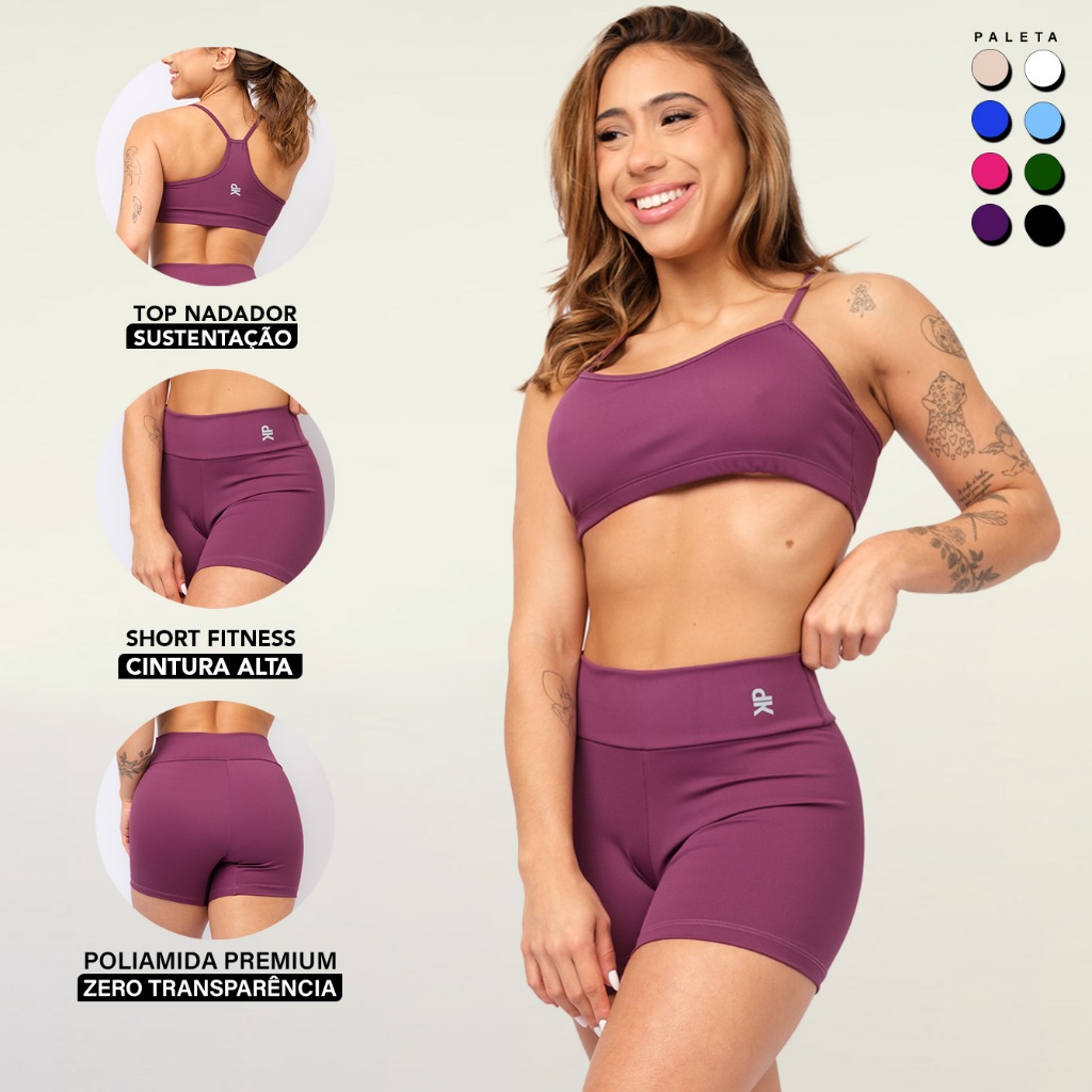 Conjunto Feminino Fitness Academia Top Short Meia Coxa Poliamida Premium Zero Transparência Comfort