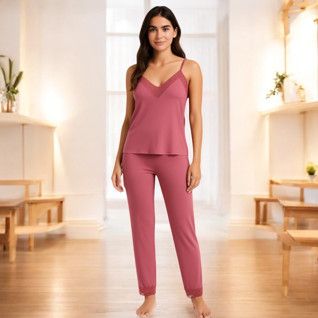 Pijama Feminino Longo Suede Canelado com Renda Confortável e Elegante para Dormir Pijama em Oferta na Shopee