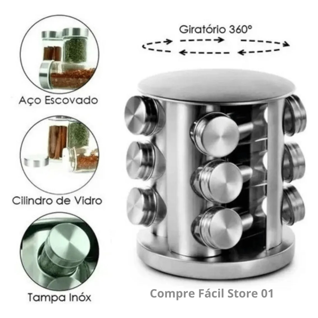 Porta Tempero Condimento Inox Suporte + Suporte Giratório Utilidades Qualidade Premium