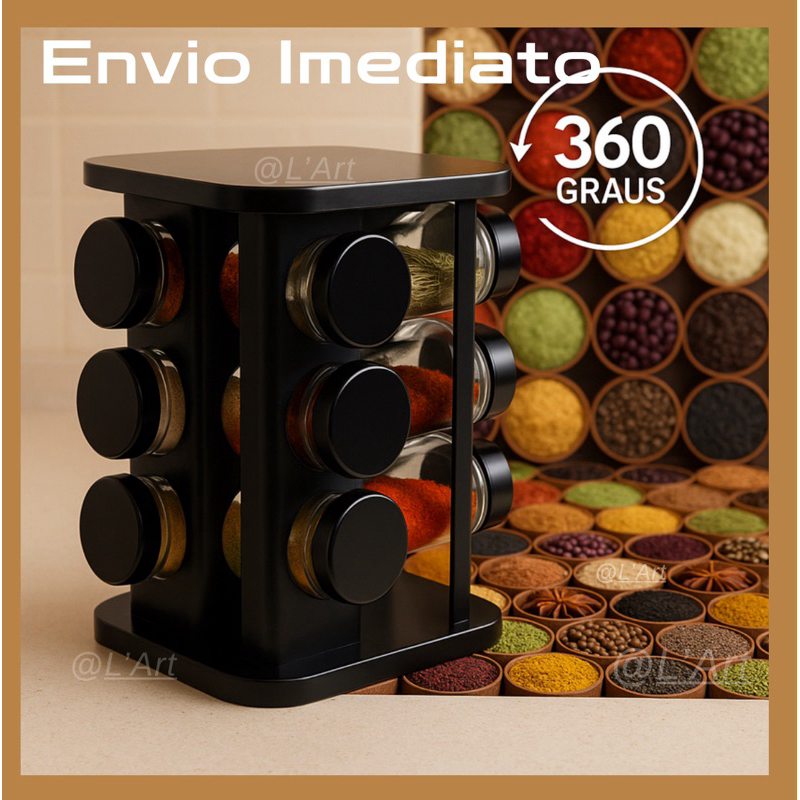 Porta Condimentos Giratório  Armazenamento de Tempero com 12 potes de Vidro 90G