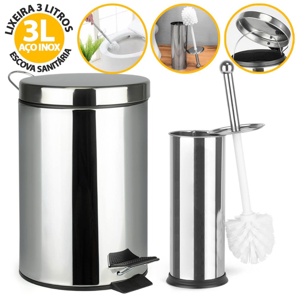 Kit de Banheiro Lixeira de Aço Inox Cesto De Lixo 3 5 Litros 100% C/Pedal + Escova Sanitár...