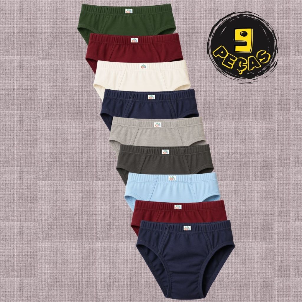 Cueca Infantil Masculina Slip Kit 9 Peças Menino Algodão Premium