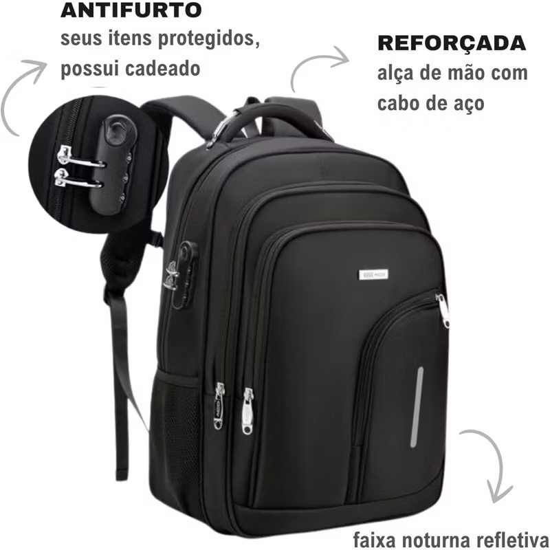 Mochila Executiva ACO Antifurto com Cadeado e Entrada USB - Impermeável, com Compartimento para Notebook e Várias Cores