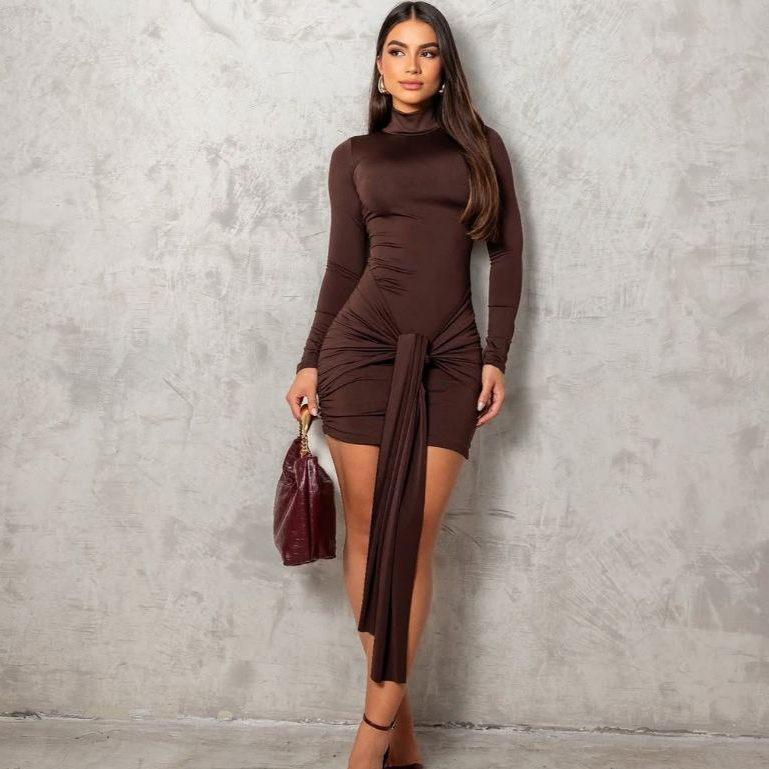 Vestido Moda Blogueira Feminino Gola Alta Manga Longa Suplex com Detalhe no Quadril