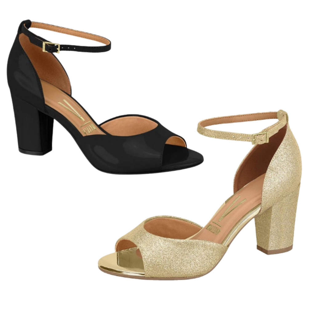 VIZZANO Sandália Feminina Salto Medio Quadrado Glitter Ouro Preto Original