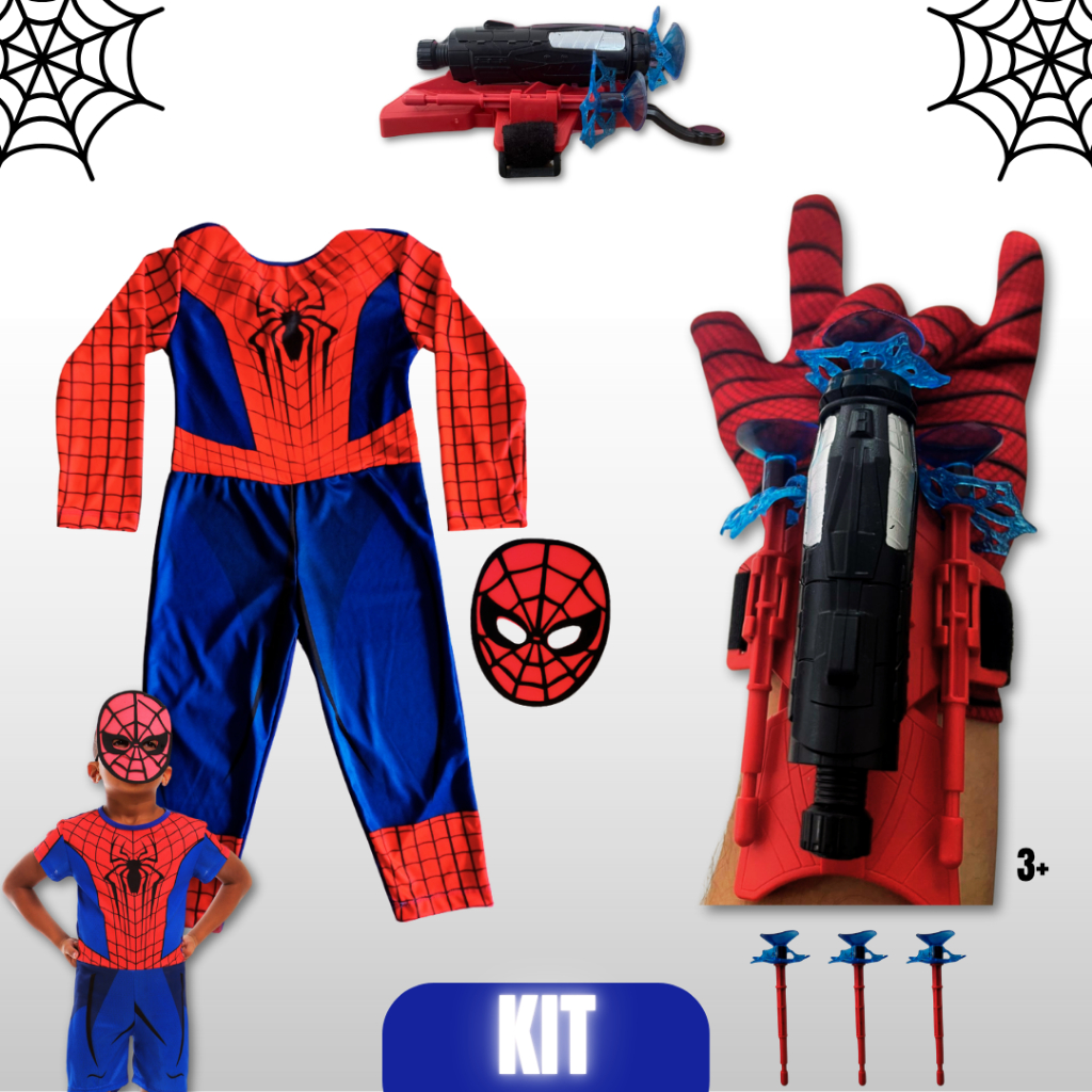 Kit Fantasia Infantil Homem-Aranha longa com Lançador de Teia e Máscara – Brinquedo Completo