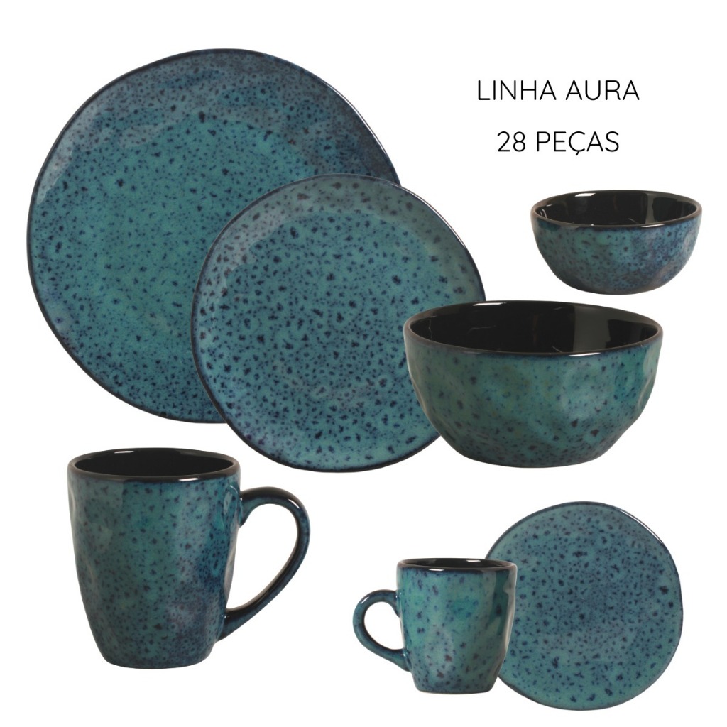 Aparelho de Jantar Linha Aura Orgânica 28 peças Mesa posta | Prato Tigela Caneca em Cerâmica Premium