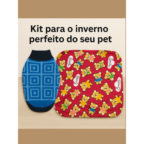 KIT ROUPA PET INVERNO SOFT OU TRICOT LÃ + MANTA COBERTINHA 90x80cm - Lavável Antialérgicas PET