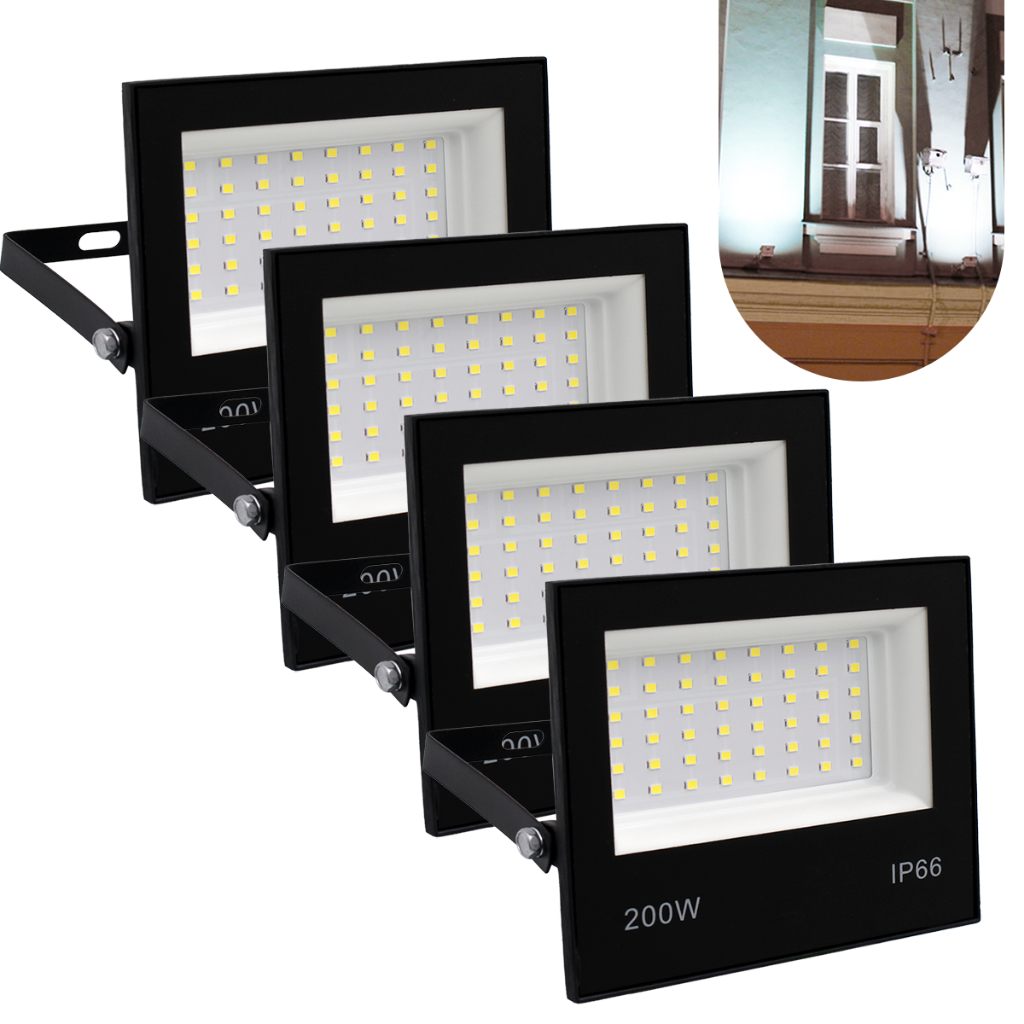 Kit 4 Refletor Led 200w Holofote Prova D'água Bivolt Luz Branco Frio