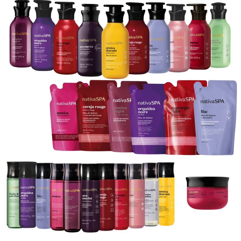 Nativa SPA cereja, Jasmim sambac, Orquidea Noire, Lilac, Hidratante, Body Splash, Refil, Oléo Milagroso - O Boticário
