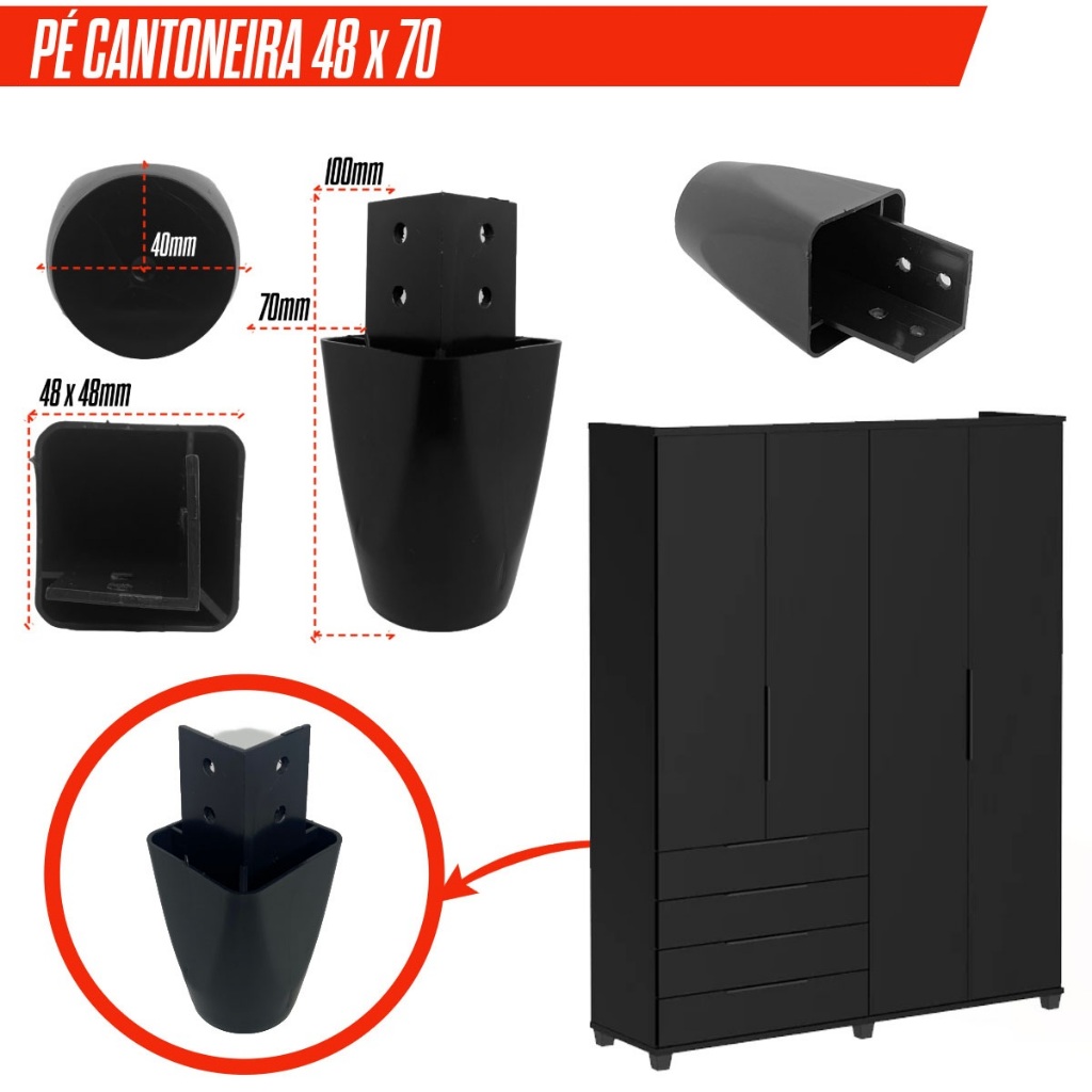 Kit 4/6/8/10/20 Pé Cantoneira Preto 70x48mm Armário Roupeiro Gabinete em Oferta na Shopee