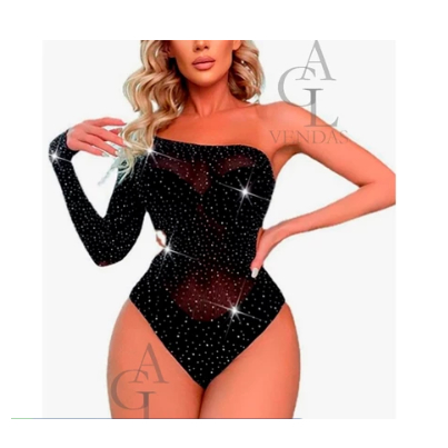 BODY ARRASTÃO COM BRILHO MODA FASHION MANGA UNICA / BODY LINGERIE RENDADA SENSUAL COM STRASS.