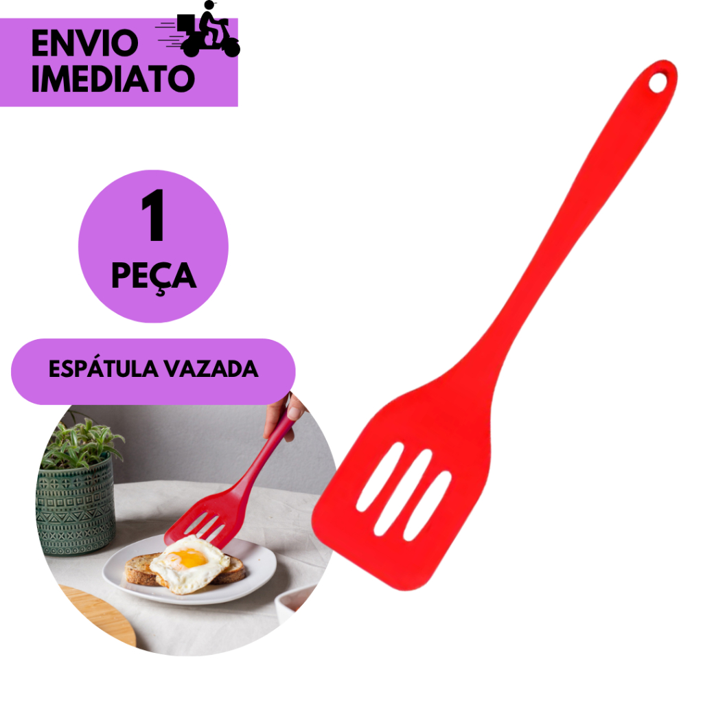 Espátula Vazada Silicone Vermelha Cozinha Antiaderente Resistente Cabo Confortável Utensílio