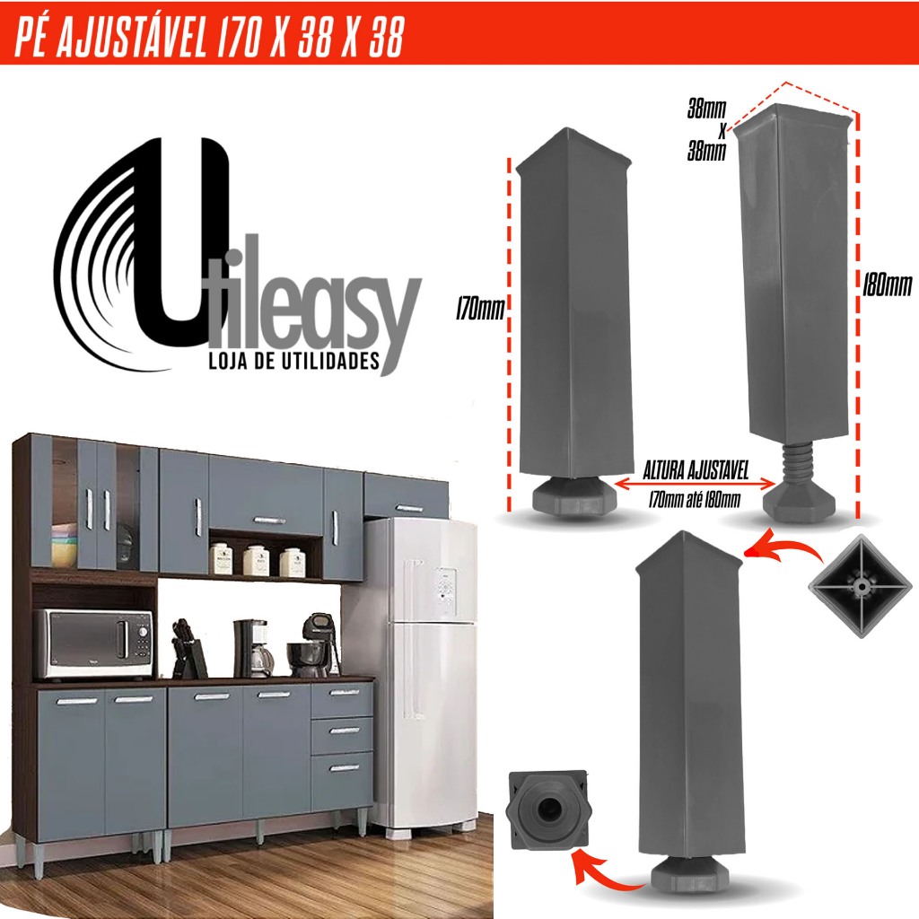 Pé Regulável Cinza 170x45x45mm Cozinha Armário Móveis Kit 2/4/6/8/10/20 Unidades
