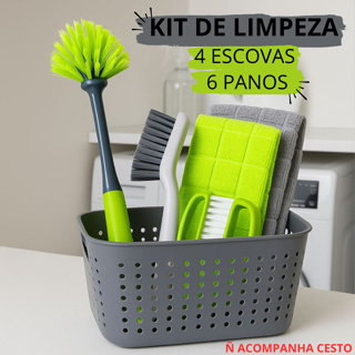 Kit Limpeza Completo 10 Peças 4 Escovas  6 Panos Multiuso Reutilizáveis Casa Trabalho em Oferta na Shopee