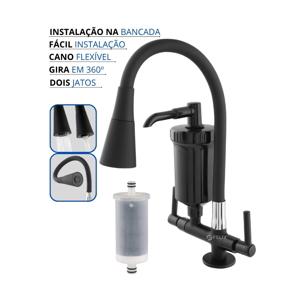 Torneira com Filtro Gourmet Flexível Cozinha Bancada Preta All black c/ Ducha 2 Jatos 1/4 de Volta + Refil em Oferta na Shopee