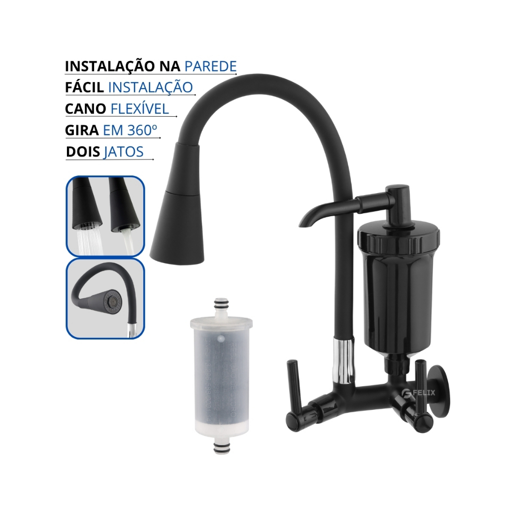 Torneira com Filtro Gourmet Flexível Cozinha Parede Preta All black c/ Ducha 2 Jatos 1/4 de Volta + Refil em Oferta na Shopee