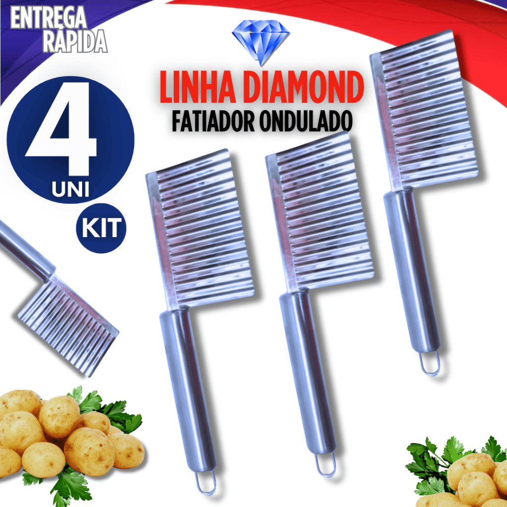 Kit 4 Cortador Ondulado Fatiador Inox Legumes e Frutas Linha Premium